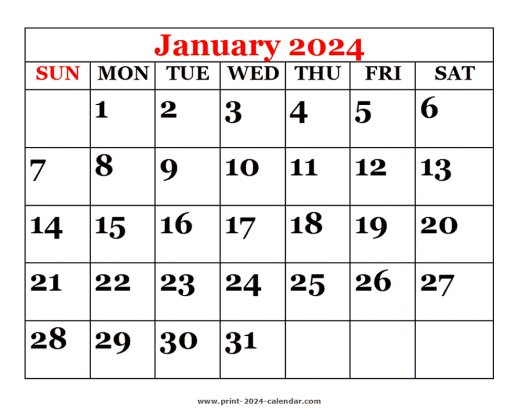 Printable 2024 January Calendar