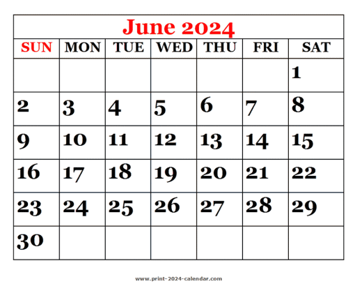 Printable 2024 June Calendar