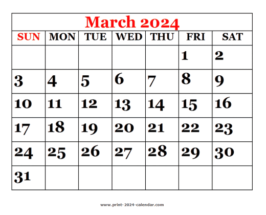 Printable 2024 March Calendar