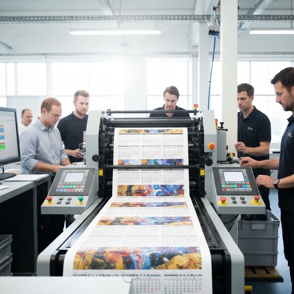 Profesjonalna maszyna drukarska drukująca kolorowe kalendarze ścienne w nowoczesnej drukarni