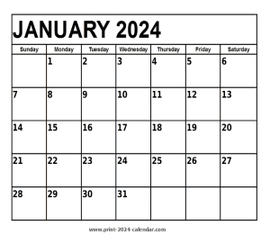 January 2024 Calendar - print 2024 calendar.