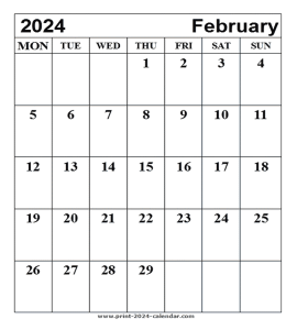 Print February 2024 calendar