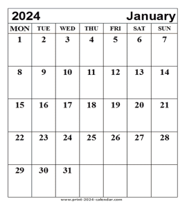 Print January 2024 calendar