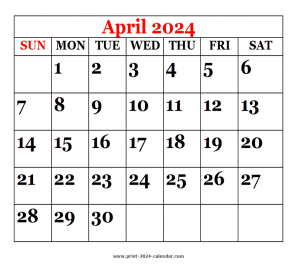 April 2024 Calendar - print 2024 calendar.