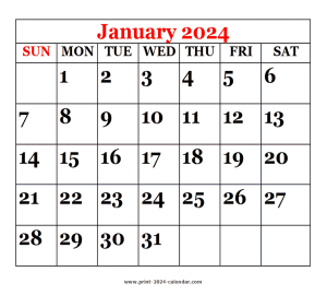 printable 2024 January calendar